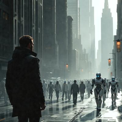 The primary subject of the image is a man standing in a city street, surrounded by a large group of people. The setting is a city environment, with tall buildings and a busy atmosphere. The visual style is a photo, capturing the scene in real-life conditions. The colors and mood of the image are dark and moody, with the street and people appearing somewhat mysterious.